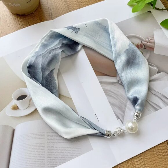 2/$30 Magnetic Snap Silky Blue Scarf Beads Pearl Headband Bandana Bag Decor - Picture 4 of 7